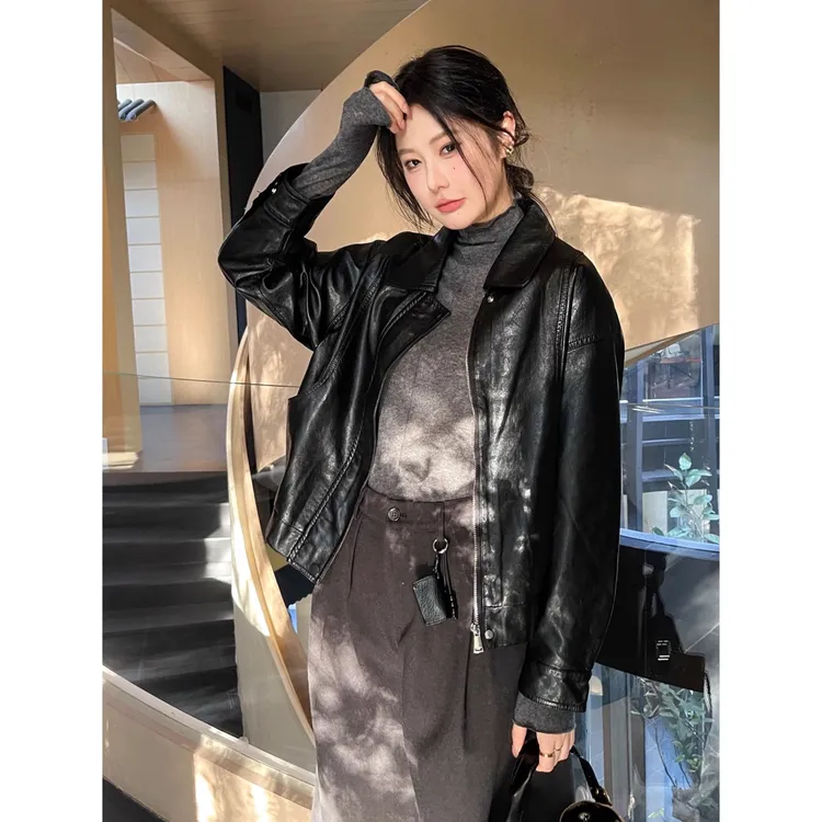 POLO领黑色pu皮衣外套2025新款女秋季气质休闲长袖夹克上衣高级感
