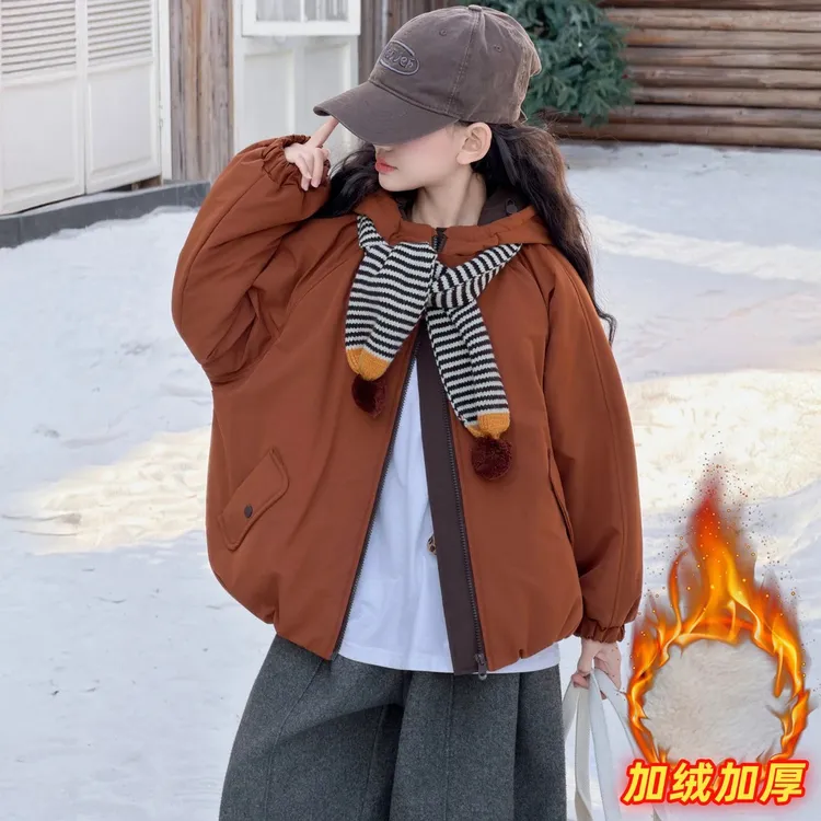 女童冬装加绒外套2025新款儿童秋冬季加厚派克服大童女孩保暖棉服