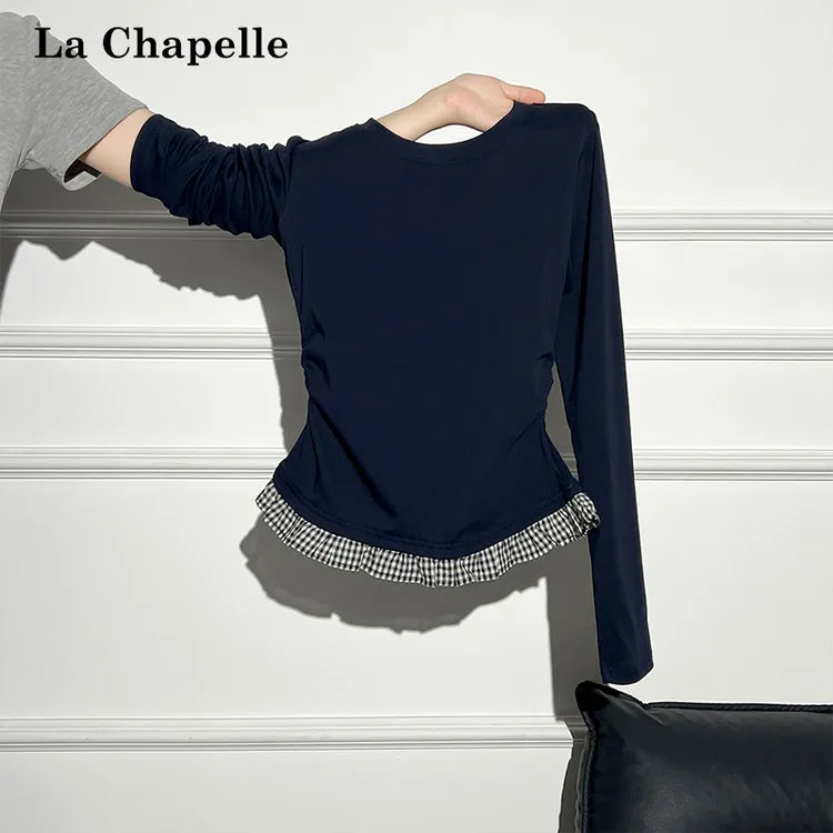 拉夏贝尔韩系长袖T恤女秋冬格纹荷叶边镂空掐腰褶皱打底内搭上衣