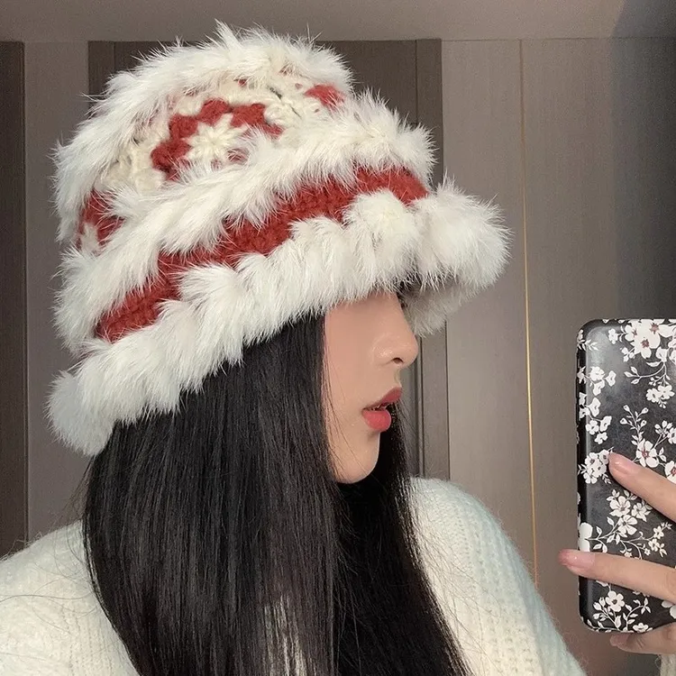 新款百搭毛线帽子可爱秋冬保暖防寒软糯毛茸茸混色兔毛针织醒狮帽