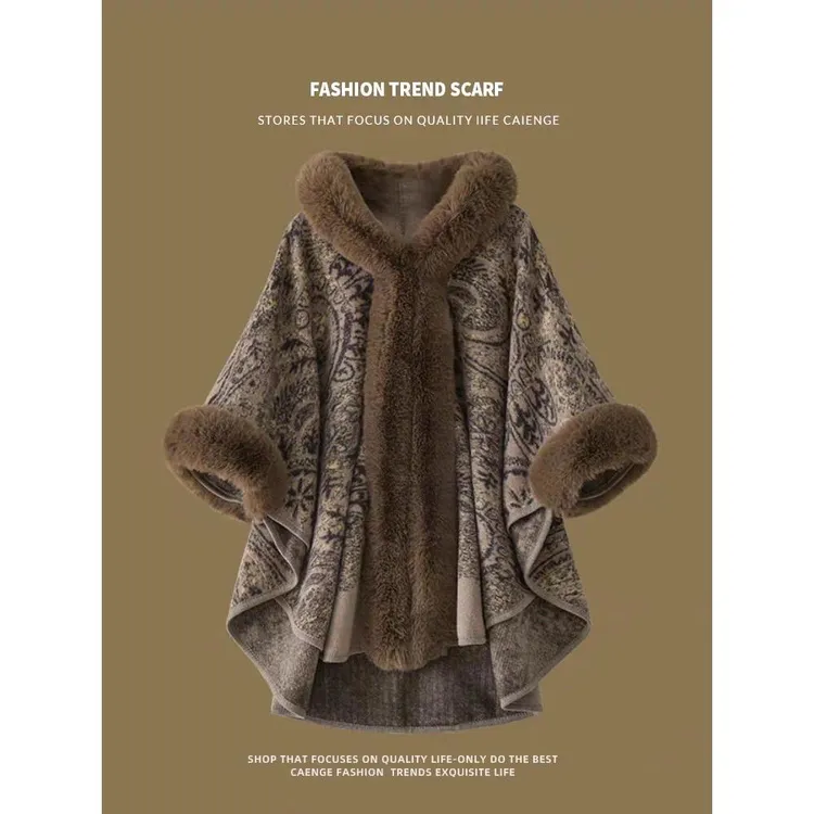 2024秋冬洋气连帽斗篷披风毛呢外套女大毛领时尚中长款披肩外搭女