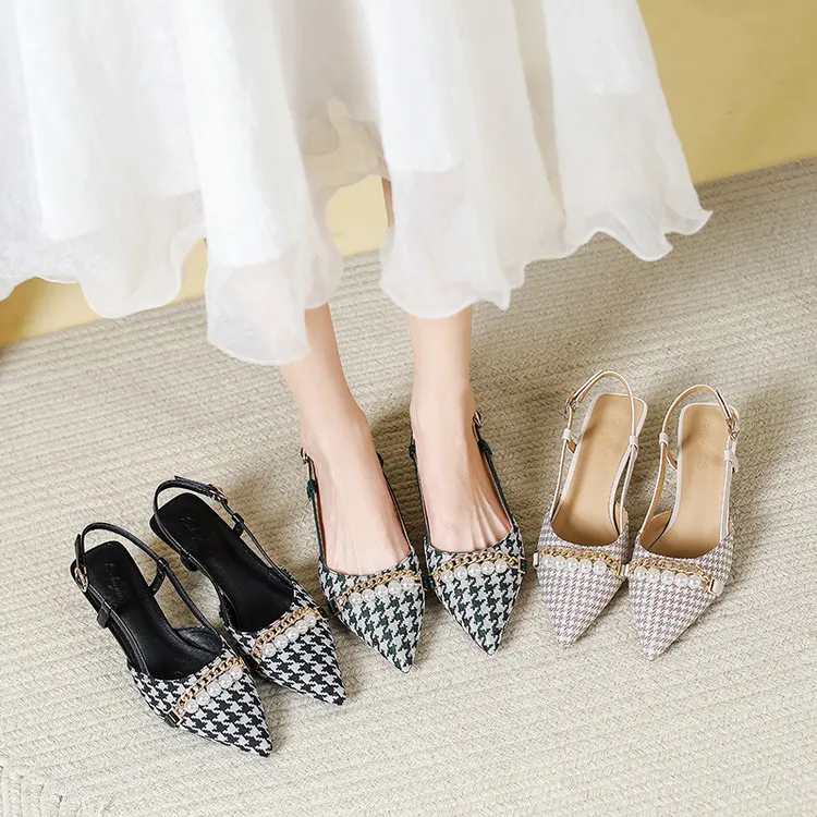 2025年新款夏季高跟鞋女细跟珍珠千鸟格法式后空尖头单鞋包头凉鞋