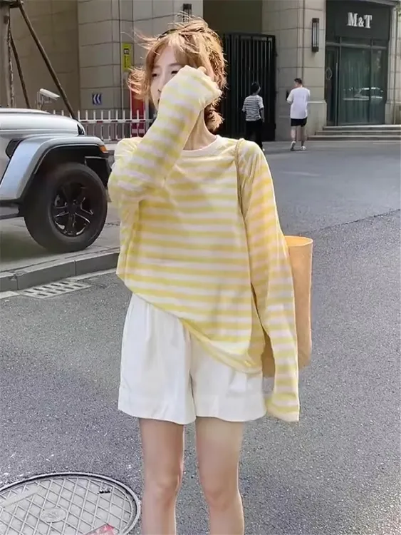 撞色条纹薄纱防晒衣罩衫女装夏季休闲宽松薄款慵懒风长袖t恤上衣