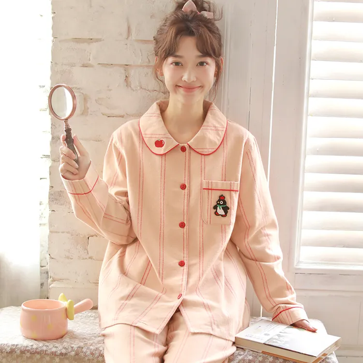 秋冬纯棉女士睡衣简约宽松磨毛绒布长袖长裤家居服套装258588