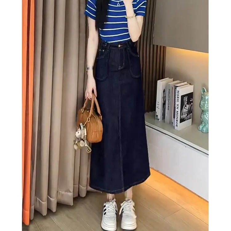0635中长款单宁蓝色高腰a字包臀显瘦薄款夏小个子牛仔半身裙子女