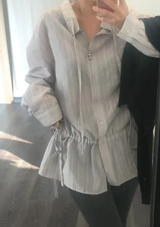 韩国2025秋季新款气质抽绳束腰宽松立领薄透衬衫外套女