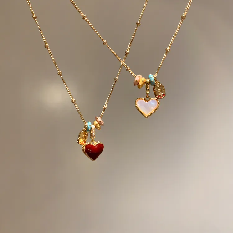 铜合金项链 双面滴油红色爱心项链女高级感轻奢小众锁骨链毛衣链