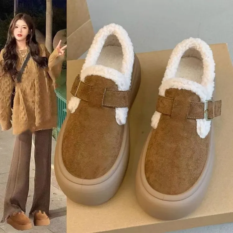 绒面厚底博肯鞋女2024秋冬新款加绒保暖全包雪地棉鞋一脚蹬乐福毛