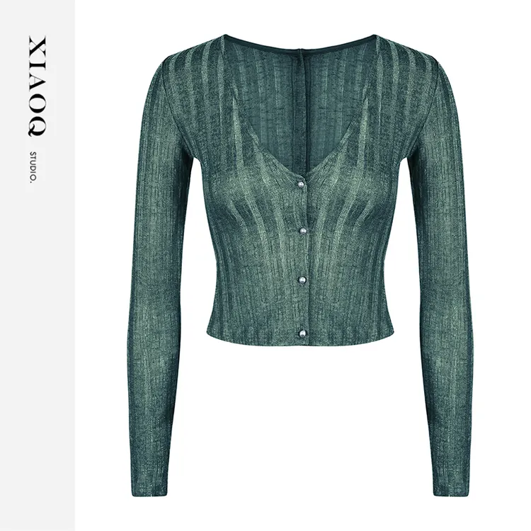 XIAOQ「温柔代名词」深V领正反两穿长袖上衣女双色修身显瘦款55553