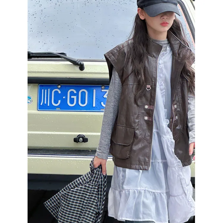 K29474孙小美立领女童皮马甲2025秋装新款儿童无袖春秋外穿衣服潮