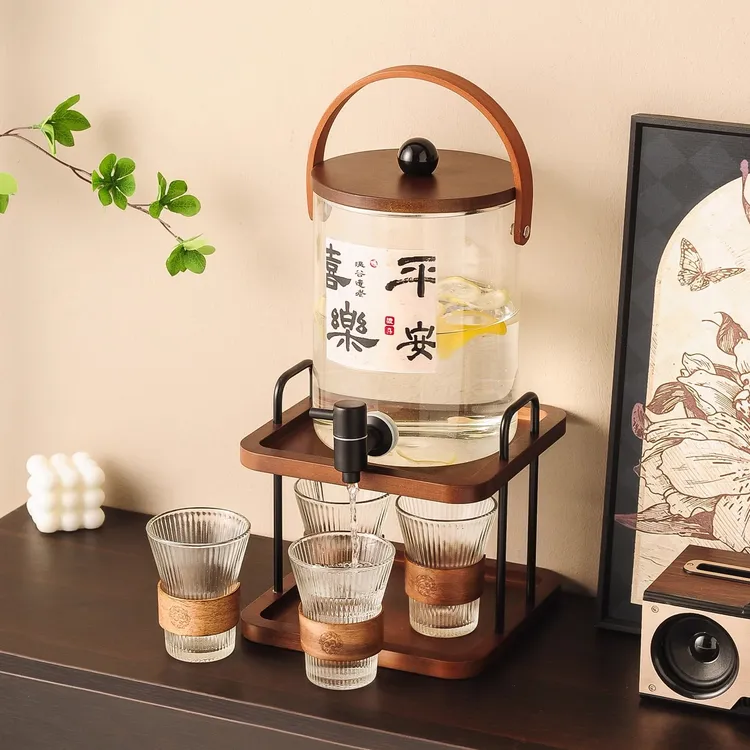 高颜值玻璃冷水壶带龙头耐高温大容量创意平安喜乐凉水壶水果茶桶