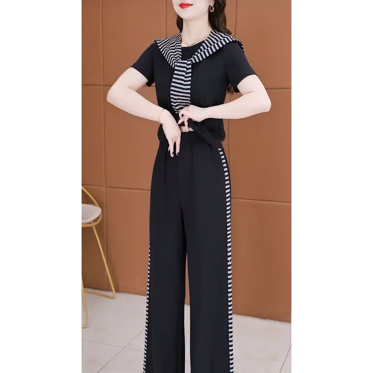 时尚休闲套装女2025夏季新款洋气显瘦短袖上衣+披肩+阔腿裤三件套