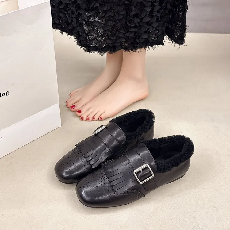 乐福鞋女冬加绒2025新款平底流苏一脚蹬软底棉鞋小皮鞋英伦风复古