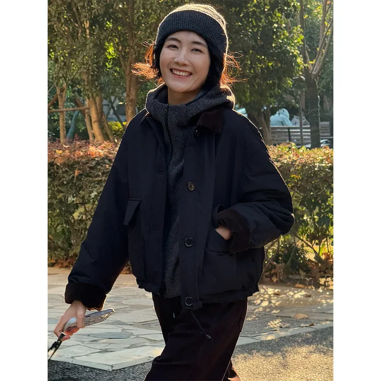 LANGQING 复古百搭通勤翻领抽绳短款棉服47312#