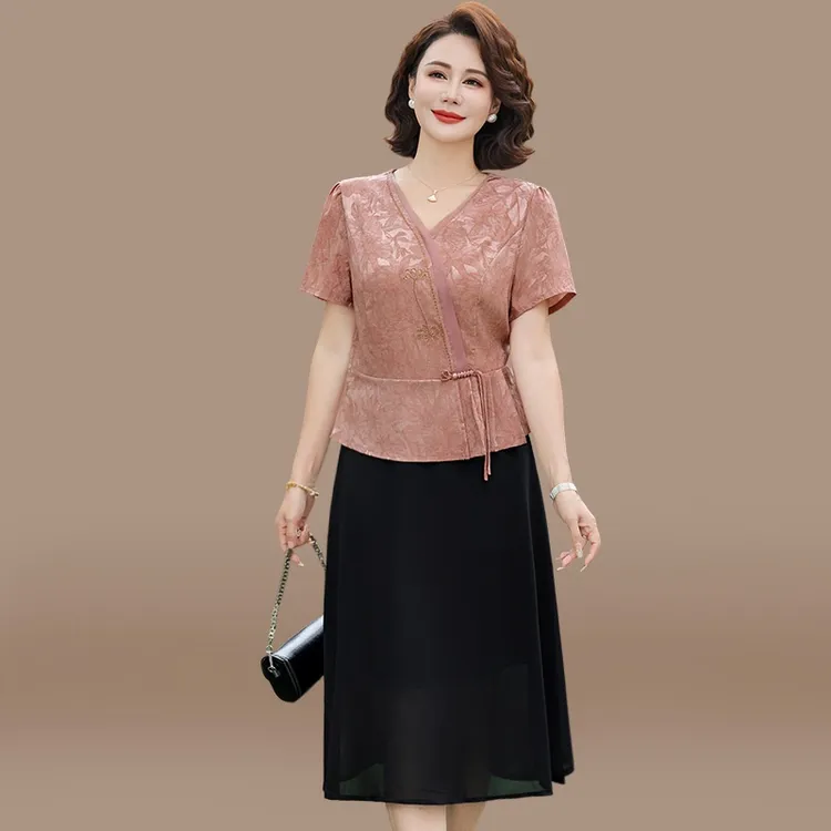 小个子妈妈夏装连衣裙2025新款中老年女装夏季气质假两件国风裙子