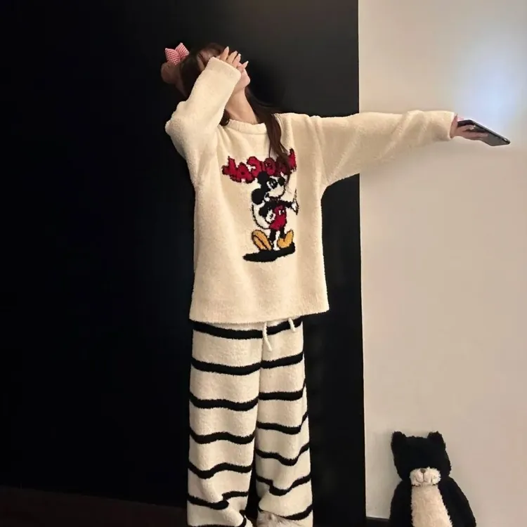 韩版米奇印花卡通针织毛衣半边绒睡衣女秋冬款新款休闲家居套装