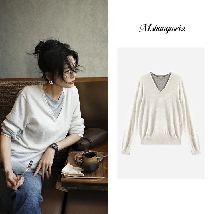 M.SHANGMEI.Z/沐熙【灰白物语】美大哥针织假两件v领毛衣X08M2118