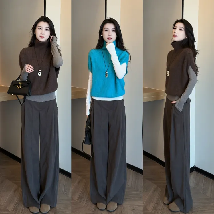轻柔暖毛毛衫马甲+修身显瘦打底衫+毛呢神裤高腰垂直感三件套套装