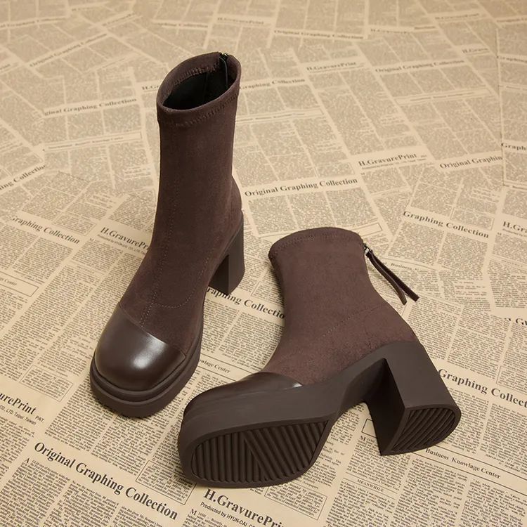 米兰【设计师】驭瑛☆跟高7.5CM/2025春秋季新款秋冬绒面高跟短靴女