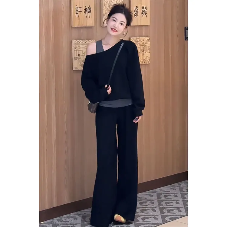 2025年秋季时尚露肩假两件长袖T恤垂感显腿长休闲裤子简约两件套