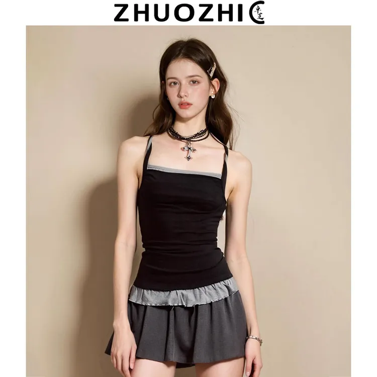 [卓芝]法式设计感拼色假两件背心吊带2025夏季新款休闲百搭上衣女