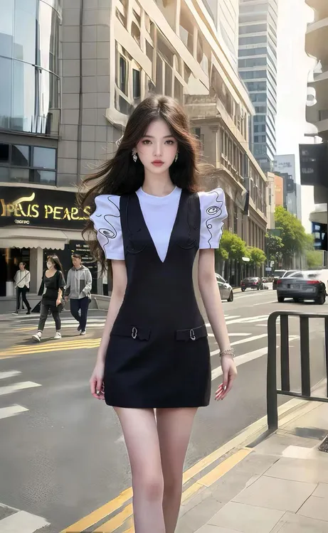 夏季氛围感拼接设计圆领修身收腰包臀连衣裙女时尚轻奢高级感女装