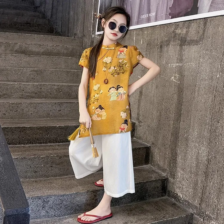 旗袍女童新中式套装夏季2025新款儿童改良中国风上衣阔腿裤两件套