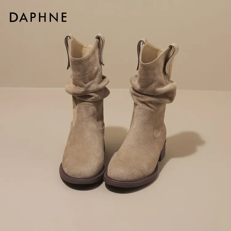 达芙妮新款堆堆靴女2025夏季爆款靴子美拉德西部牛仔靴粗跟中筒靴