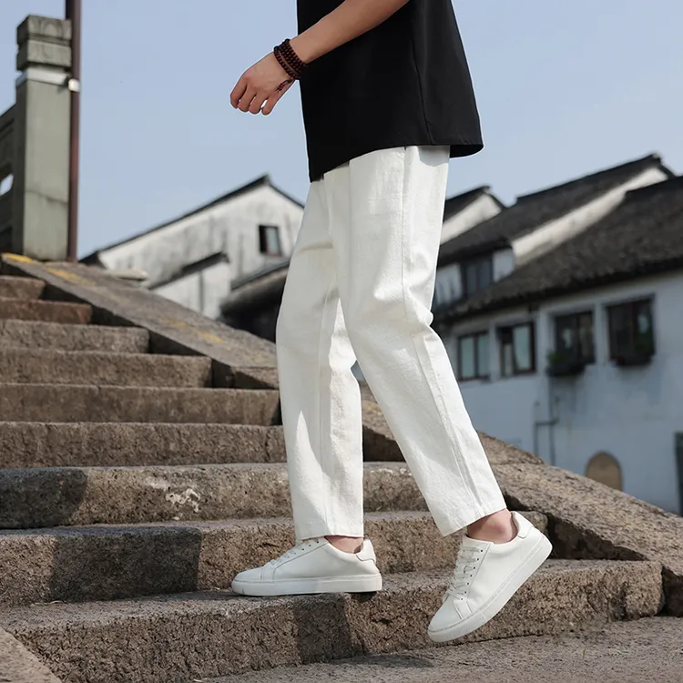 男士裤子夏季薄款潮牌休闲裤宽松中国风男装亚麻九分裤大码运动裤