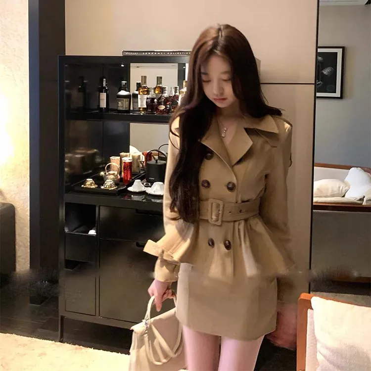 【两件套】【有里布】【送腰带】卡其双排扣外套女春秋+裙子JT0067