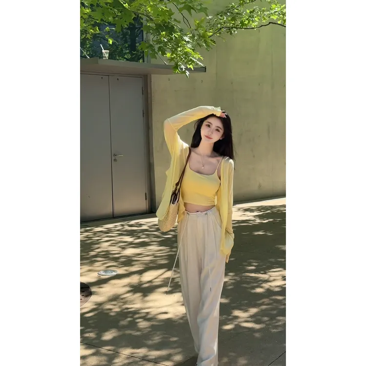 防晒开衫外穿吊带背心女薄款夏季女装年新款高腰显瘦阔腿裤三件套