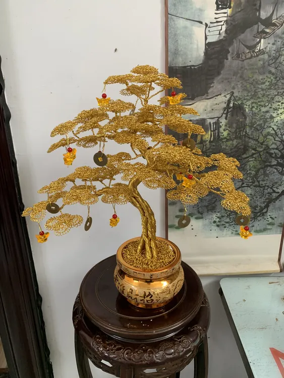 金色铝编发财树摇钱树25年新款乔迁 玄关客厅 茶桌开业纯手工摆件