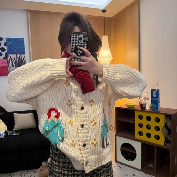 晶咕软软【星夜摇篮】复古日系文艺风彩色人物绣花针织上衣