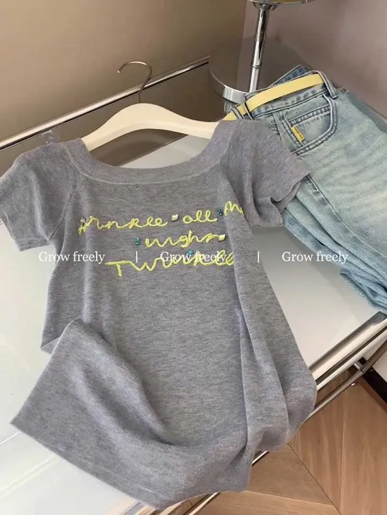 韩系设计感小众字母正肩短袖针织衫2025年夏季新款百搭显瘦上衣女