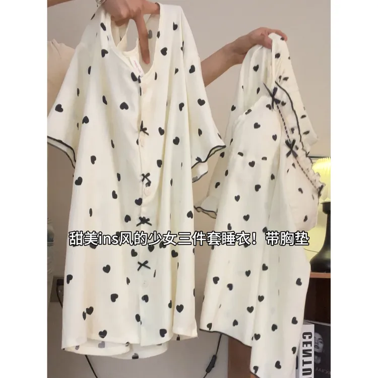 带胸垫睡衣女夏季吊带2025新款可爱公主风短袖家居服三件套装桃心