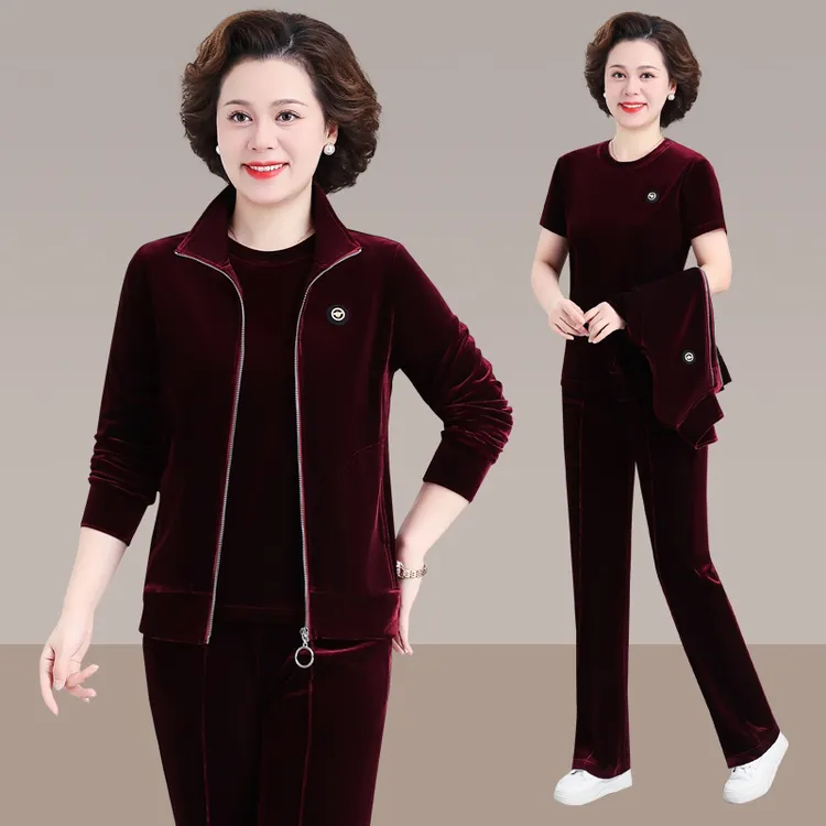 运动服一整套2025春秋新款丝绒套装妈妈时尚洋气宽松休闲三件套女