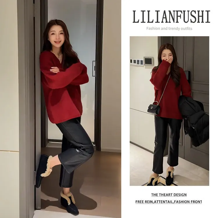韩系氛围感穿搭2026新春新款红色百搭喜庆毛衣休闲裤简约两件套潮