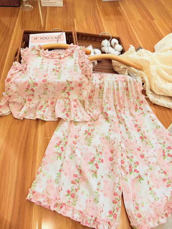 儿童碎花棉绸套装夏季新款九分裤套装女宝宝洋气百搭爆款两件套