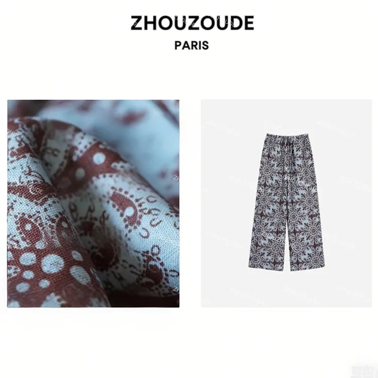 设计款蓝田玉暖夏季新款宽松休闲百搭松紧腰提花阔腿裤复古印花
