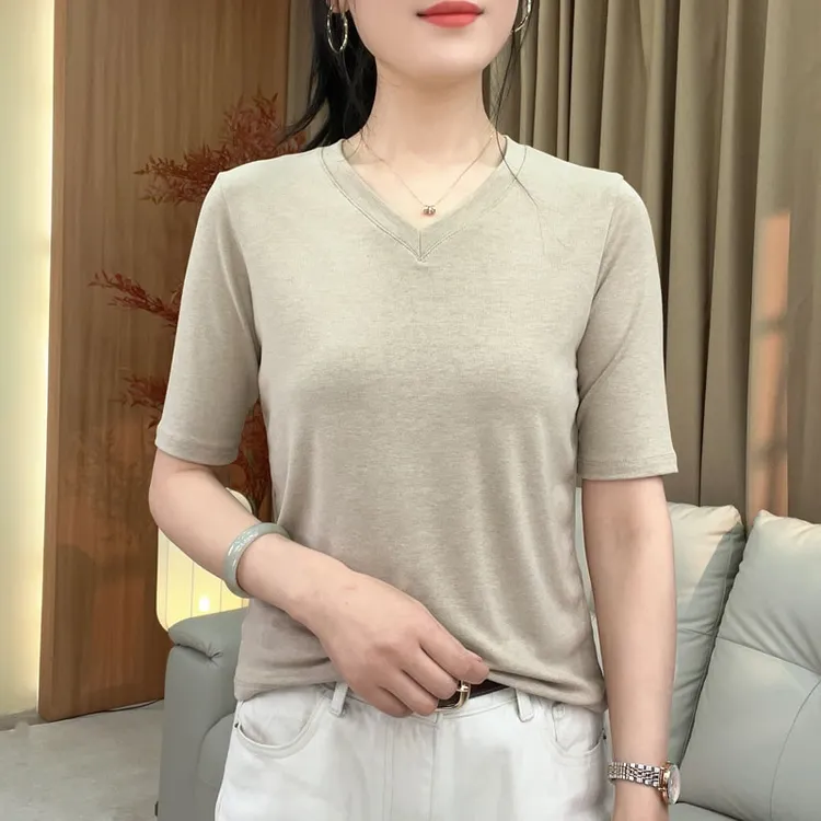 【品质好货】夏季新款V领弹力棉时尚百搭纯色中袖宽松显瘦T恤女打底