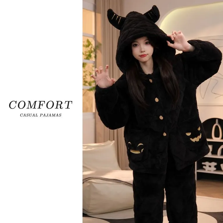 三层夹棉睡衣女加绒加厚2025新款秋冬季珊瑚绒保暖连帽家居服套装