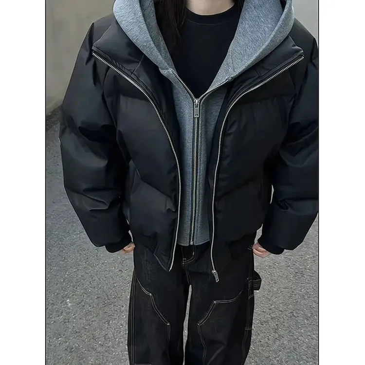 黑色假两件连帽棉衣男冬季重磅潮流保暖棉服外套高街廓形拼接棉袄