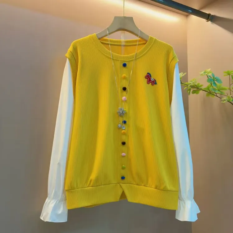 新款法式宽松圆领小马撞色遮肉减龄时尚假两件上衣（衣长61左右）