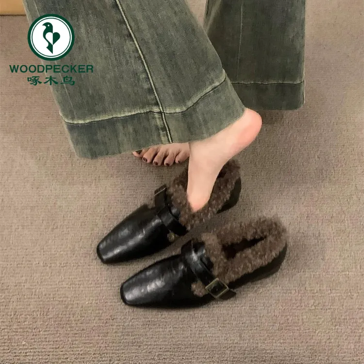 啄木鸟粗跟复古单鞋女鞋2025新款秋冬季加绒毛毛鞋小皮鞋保暖棉鞋