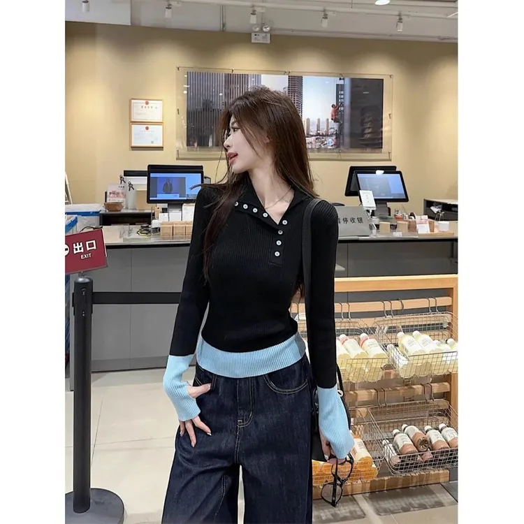 拼接撞色设计感翻领打底毛衣女春秋季修身显瘦气质加厚内搭针织衫