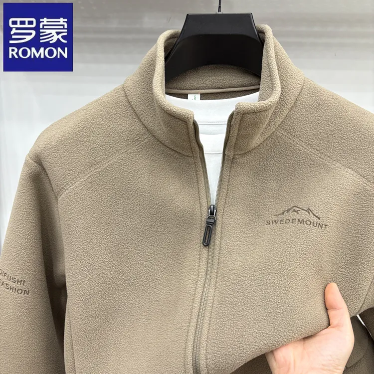 罗蒙时尚纯色摇粒绒立领卫衣开衫秋冬季中青年户外休闲抓绒衣外套