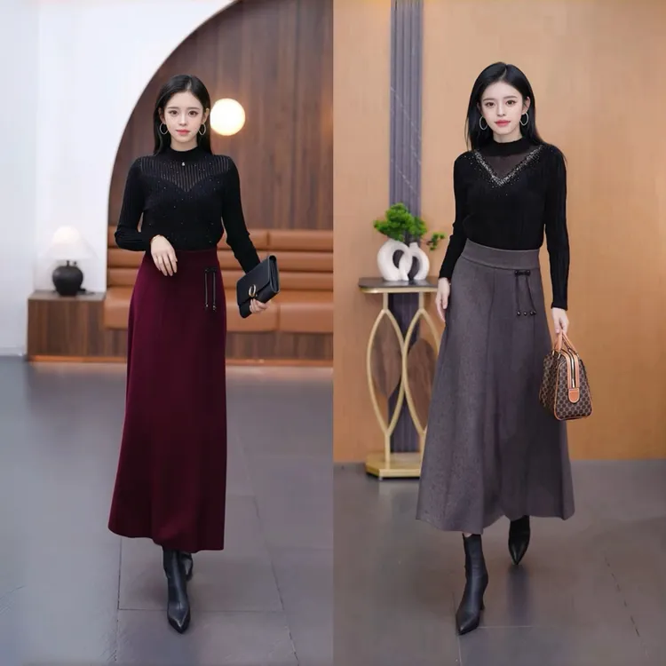 （有口袋） 2025 秋冬新款羊绒半身裙侧盘扣针织显瘦高弹长裙