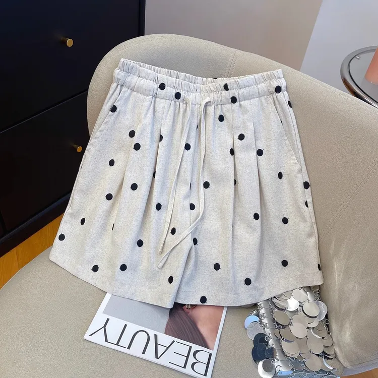 韩版波点亚麻阔腿短裤女夏季2025新款轻薄透气宽松百搭a字版热裤