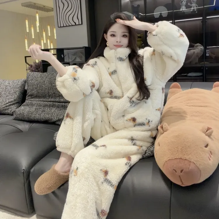 设计感腊肠狗居家服睡衣套装女2025秋冬新款加厚加绒保暖两件套潮