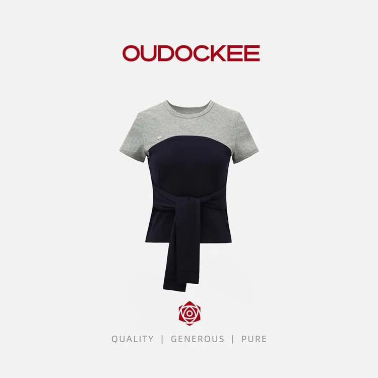 OUDOCKEE 鸥纪儿【棉】藏青配灰色上衣短袖拼色圆领 S2502A397T